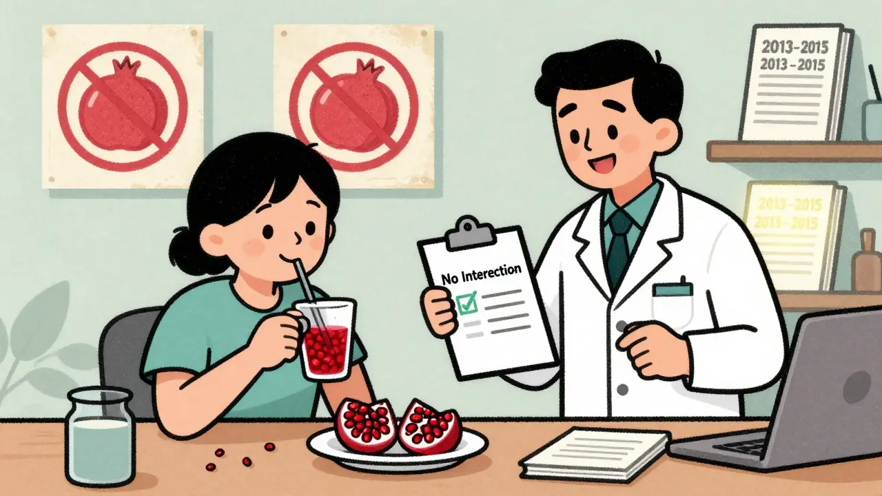Patient drinking pomegranate juice as pharmacist confirms safety, outdated warnings fading in background.