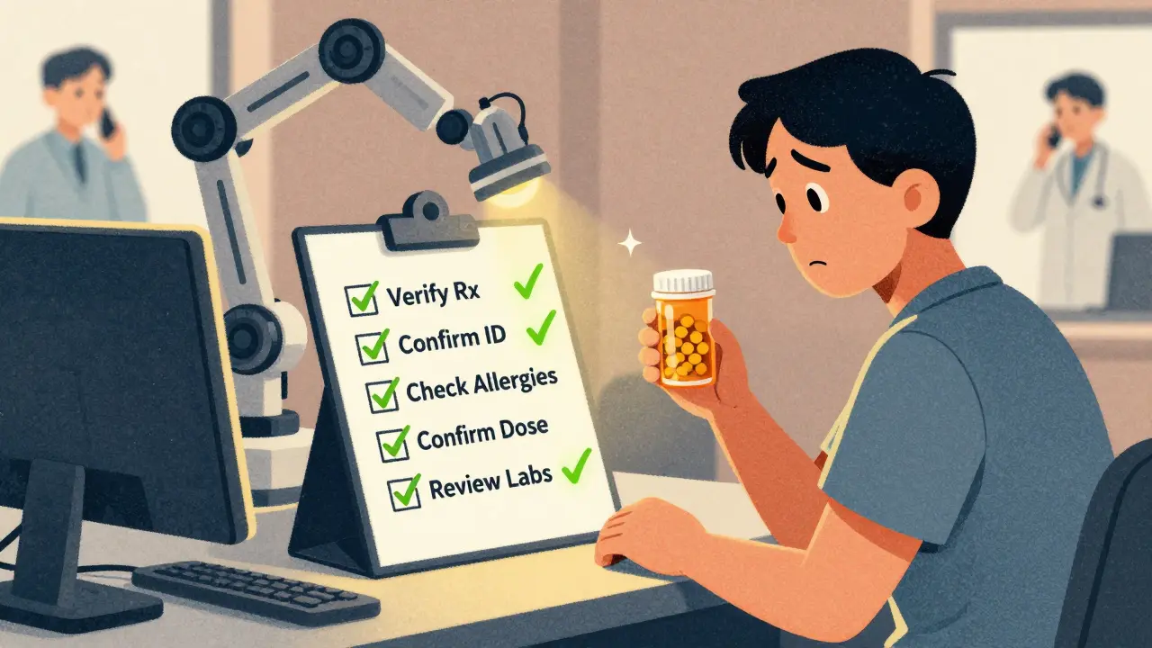 Patient holding a pill bottle beside a safety checklist with green checkmarks, symbolizing error prevention steps.