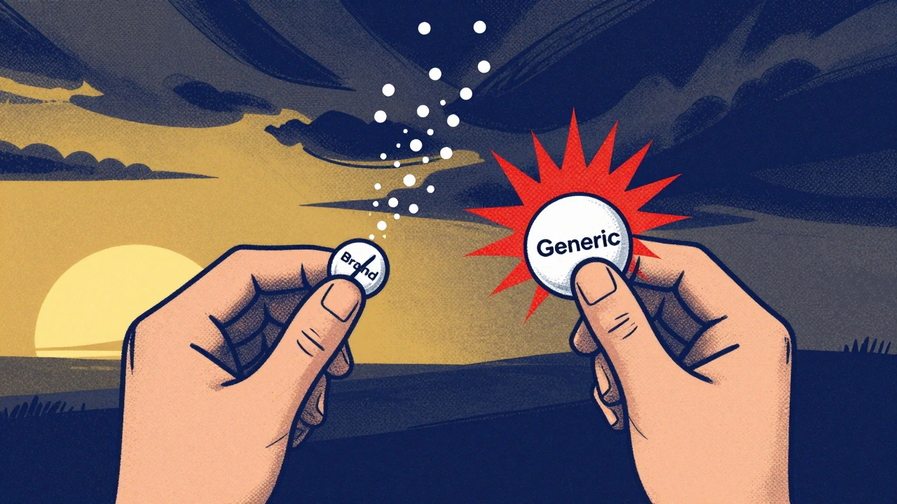Patient holding two pills, one releasing slow dots, the other spiking fast, background shows calm sunrise vs stormy sky.