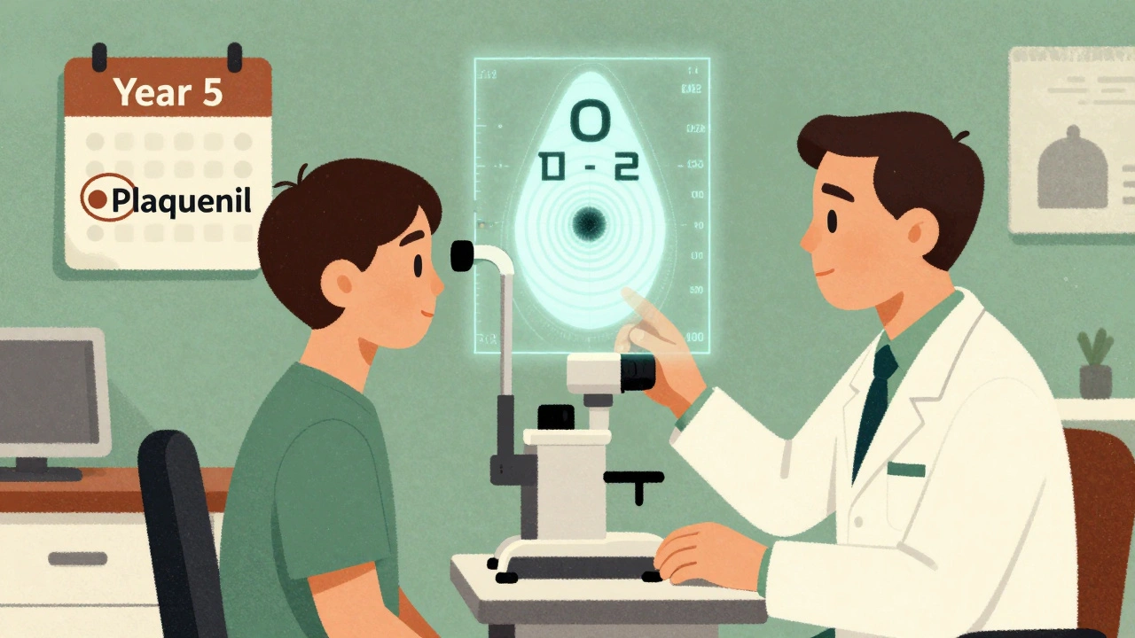Patient in eye clinic with AI scanner showing a bullseye retinal damage pattern on visual field map.