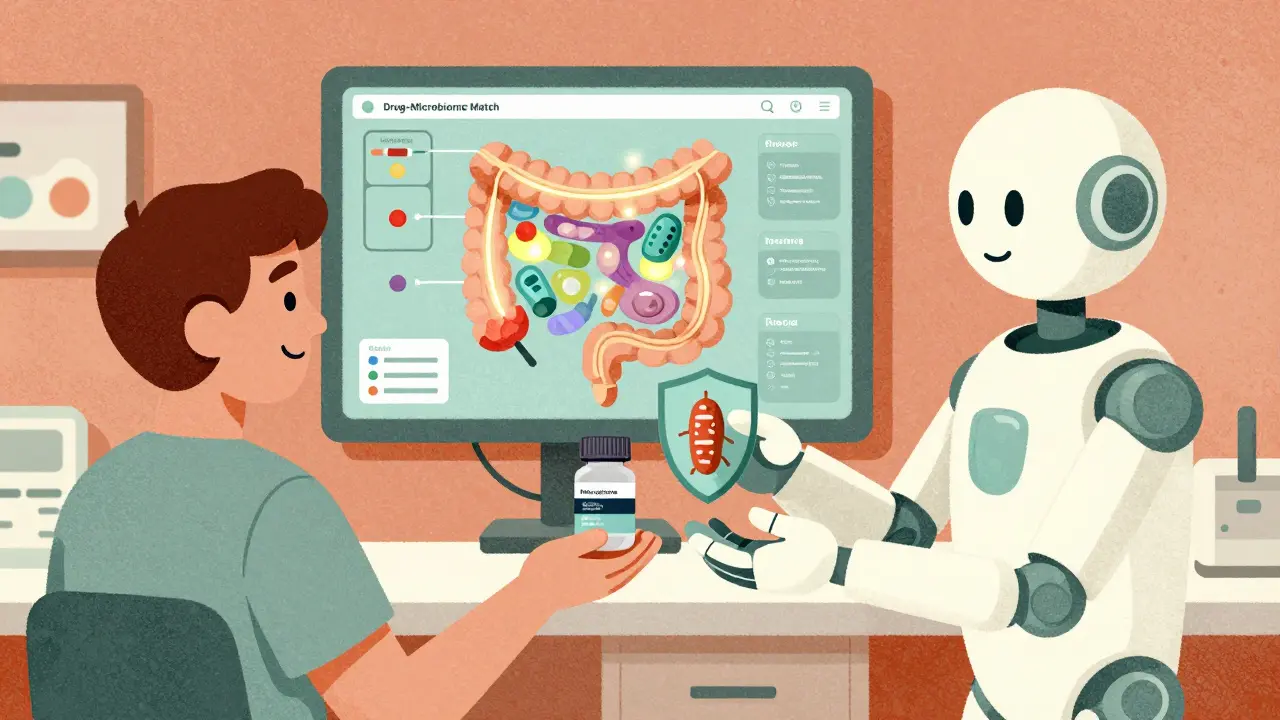 Patient receiving personalized probiotic capsule in futuristic clinic with gut map display