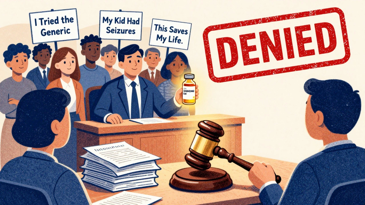 Patient stands before judge made of paperwork, holding glowing insulin vial as denied stamp falls.