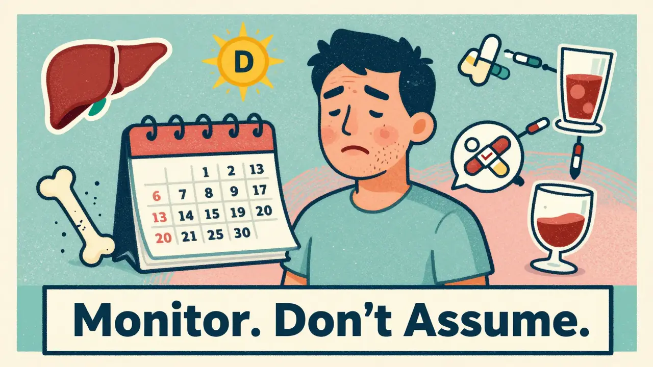 Patient with long-term phenytoin side effects surrounded by health monitoring icons.