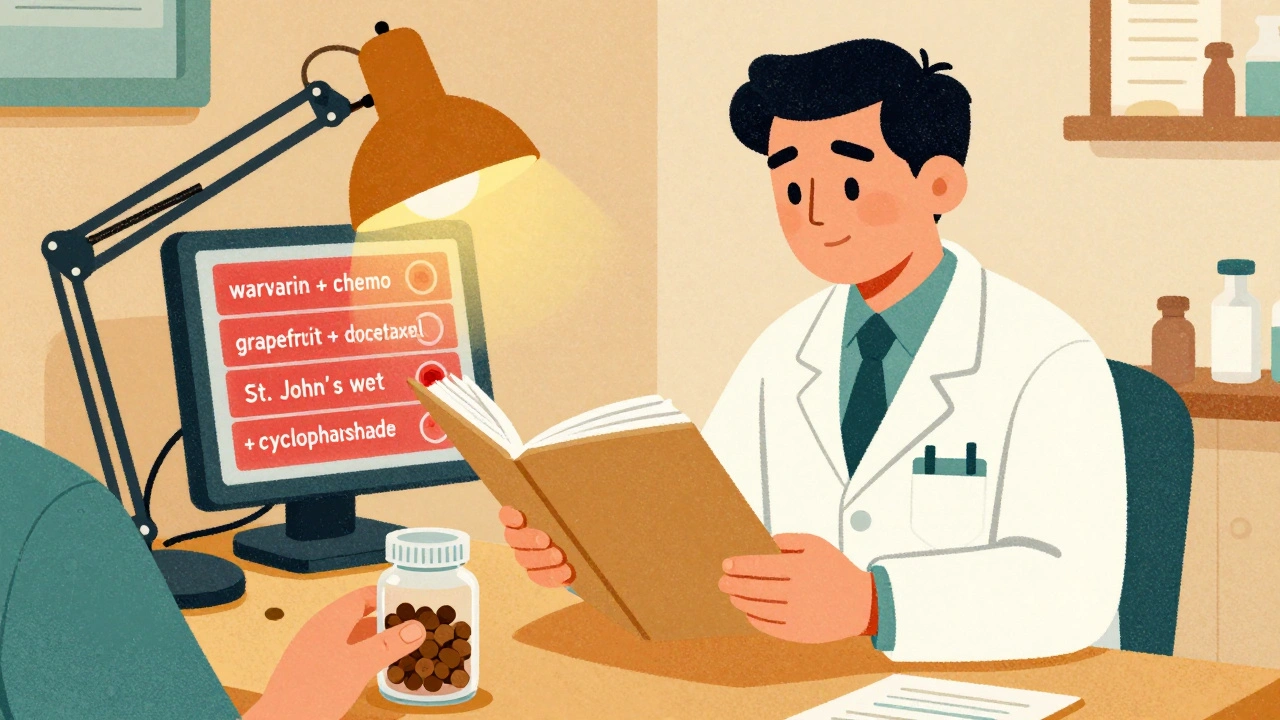 Pharmacist reviewing medication list with digital interaction alerts, patient holding herbal supplements nearby.