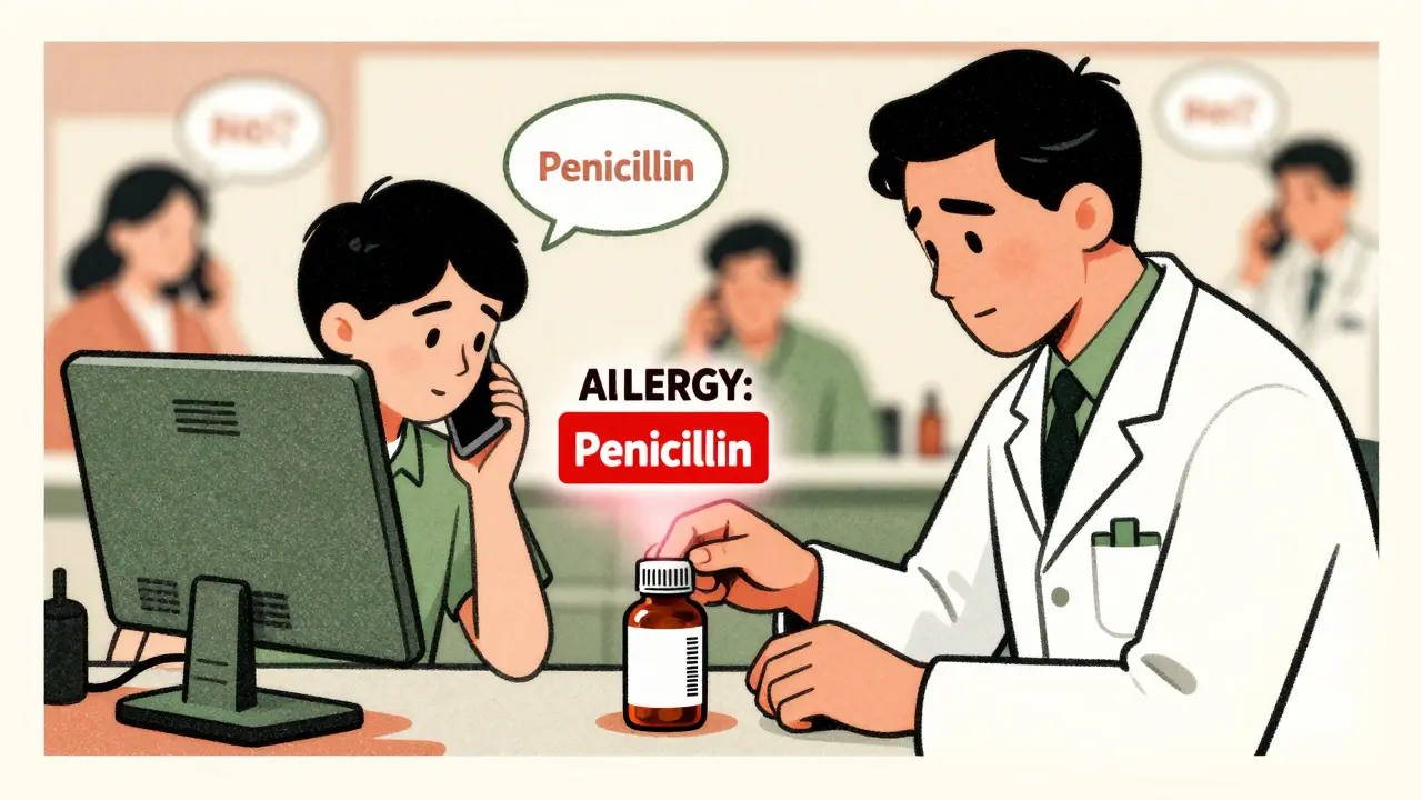 Pharmacist scanning a barcode with an allergy alert glowing above, another pharmacist verifying the prescription.