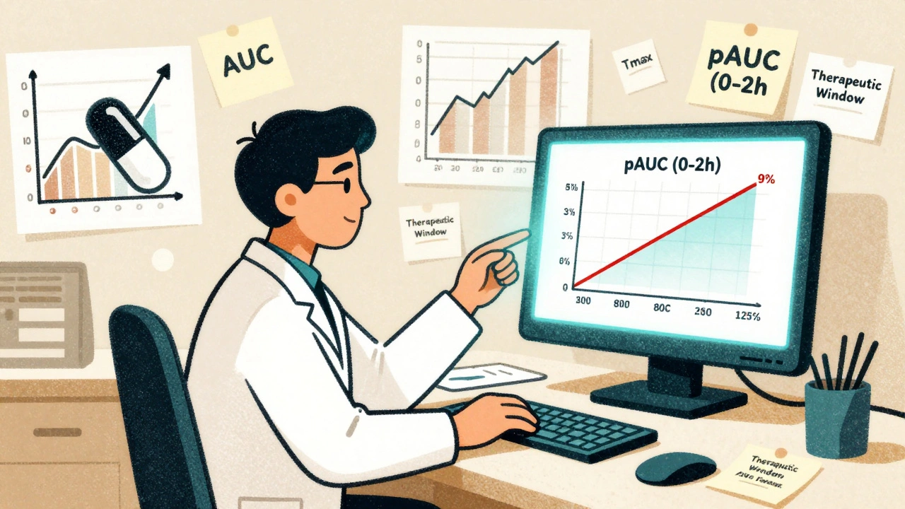 Scientist at desk surrounded by floating graphs and pills, pAUC time window glowing on monitor with confidence interval.