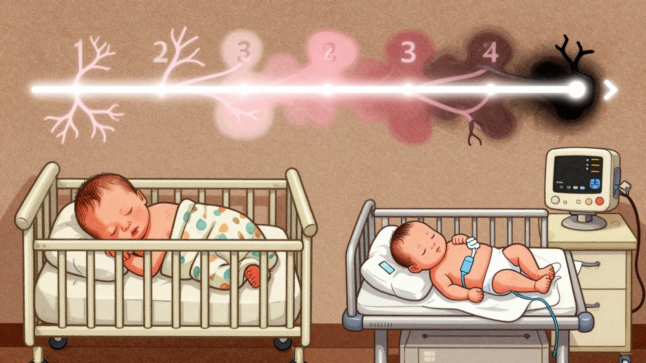 Split illustration: healthy newborn on left, premature baby in NICU on right with trimester timeline above.
