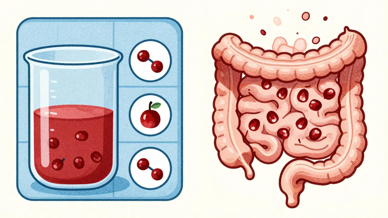 Split illustration: lab test tube with blocked enzymes vs. human body where compounds dissolve harmlessly.