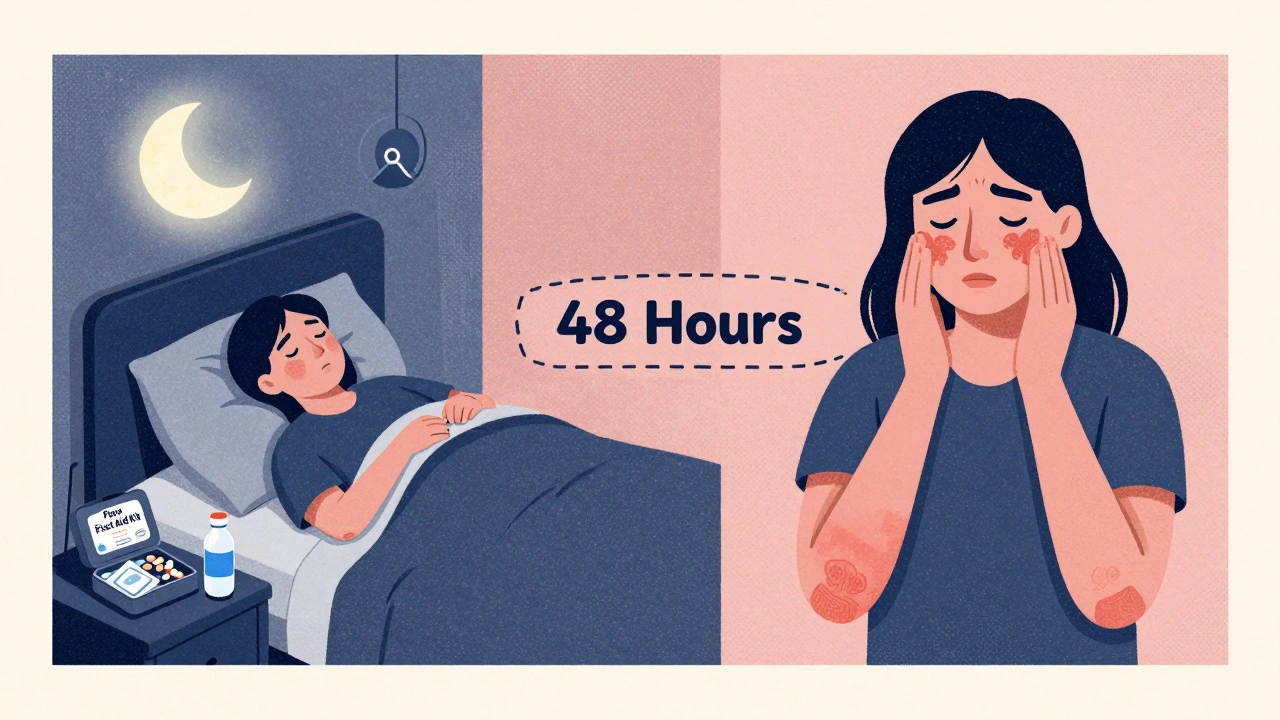 Split illustration of nighttime rest and daytime flare symptoms connected by a 48-hour timeline.