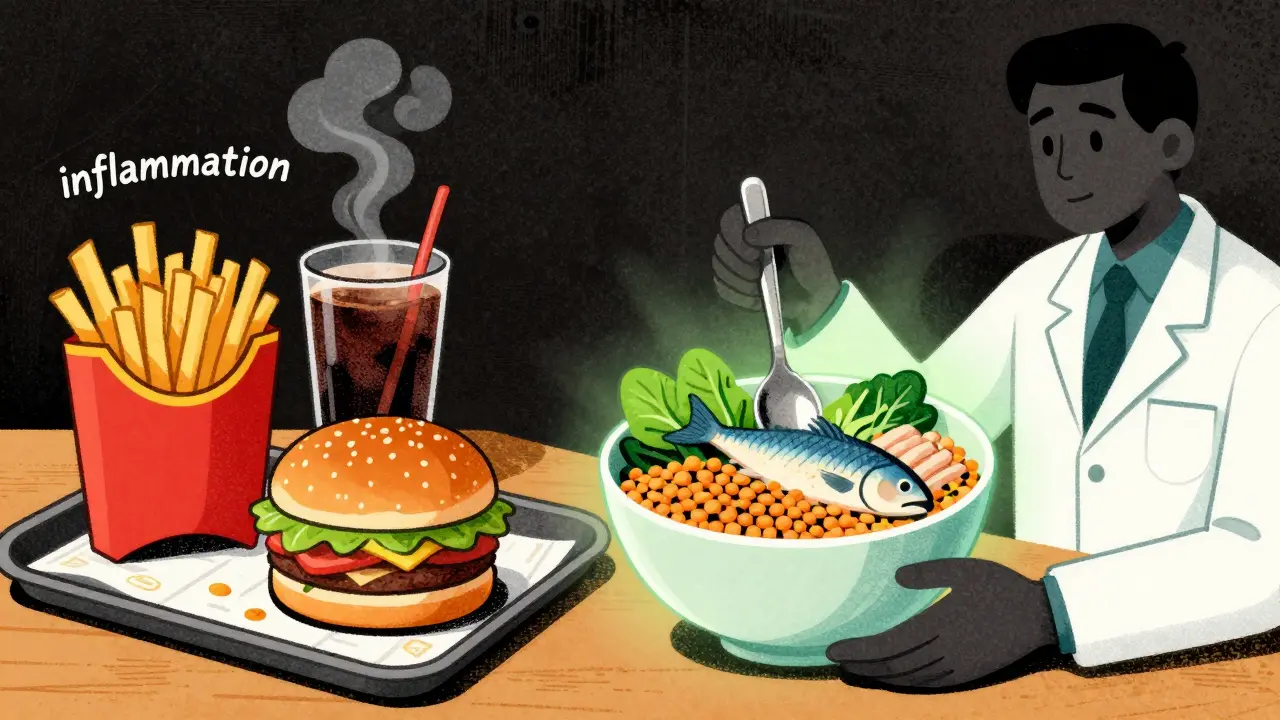 Split image: unhealthy fast food on one side, nourishing whole foods on the other, with inflammation and healing represented visually.