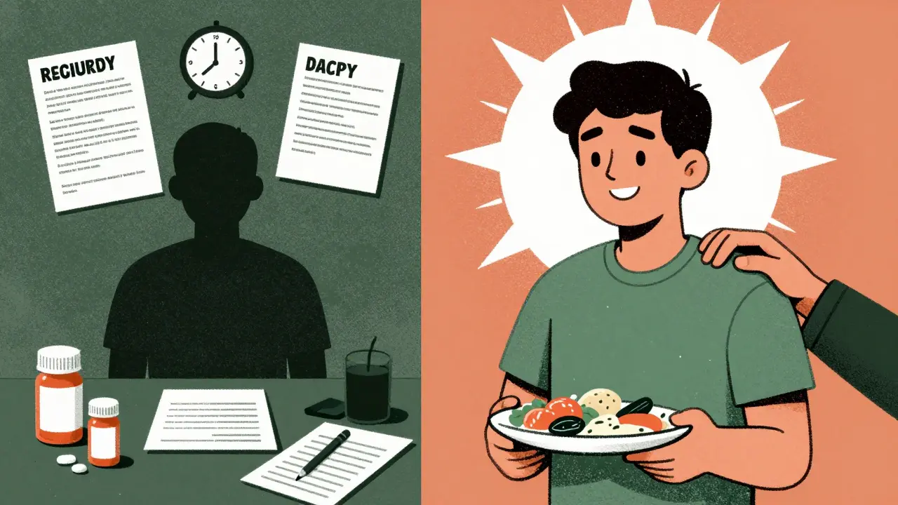 Split scene: person trapped by insurance delays vs. same person healing in sunlight with therapist support.