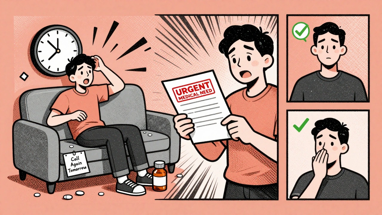 Split scene: person waiting in anxiety vs. mailing urgent appeal with reviewer approving.