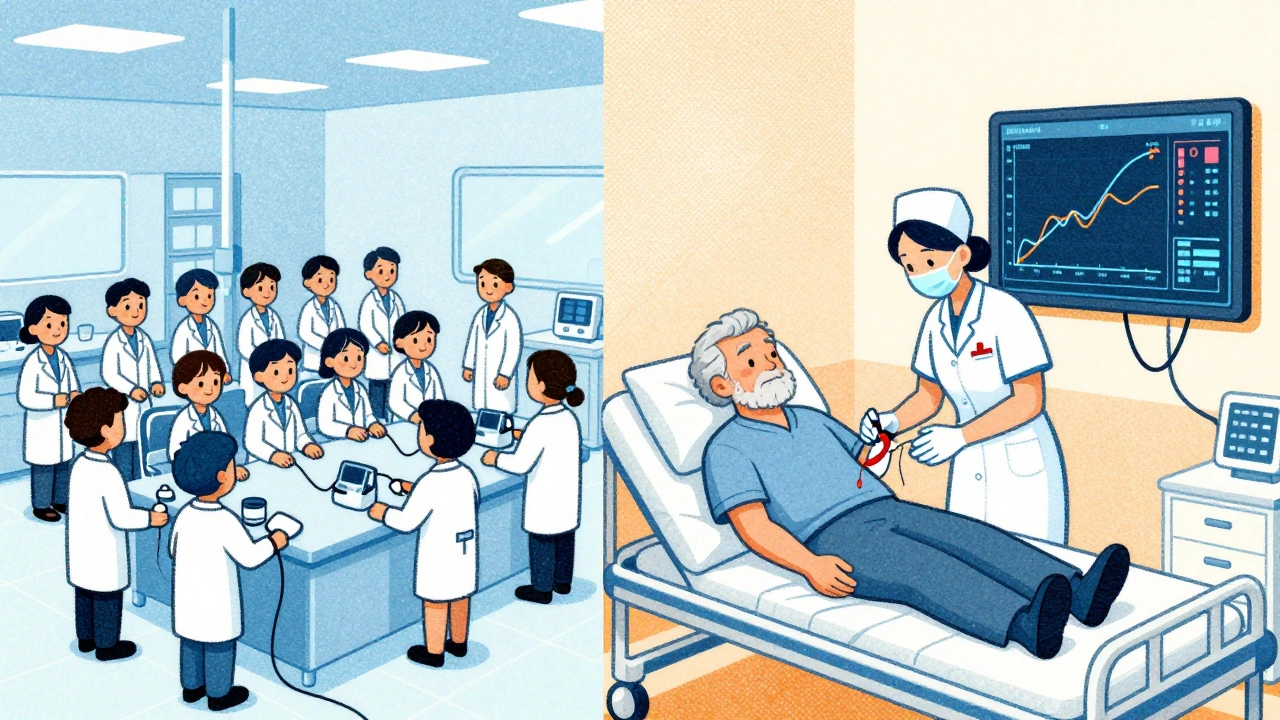 Split scene: traditional blood draws vs. real-world patient monitoring with digital curves