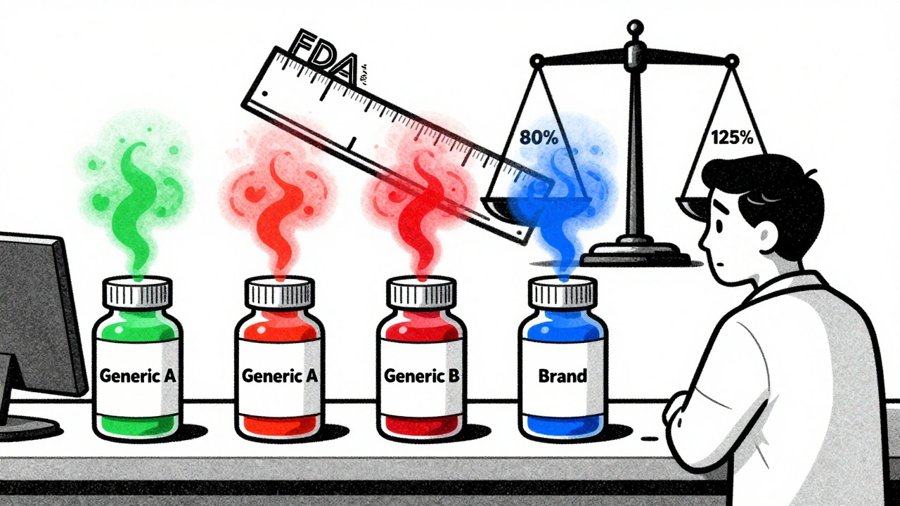 Three generic pill bottles emitting different colored smoke at a pharmacy counter, with an uneven FDA scale in the background.
