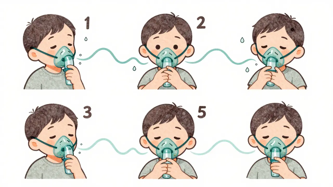 Toddlers taking five slow breaths through a spacer, medicine particles flowing into lungs with visual breath lines.