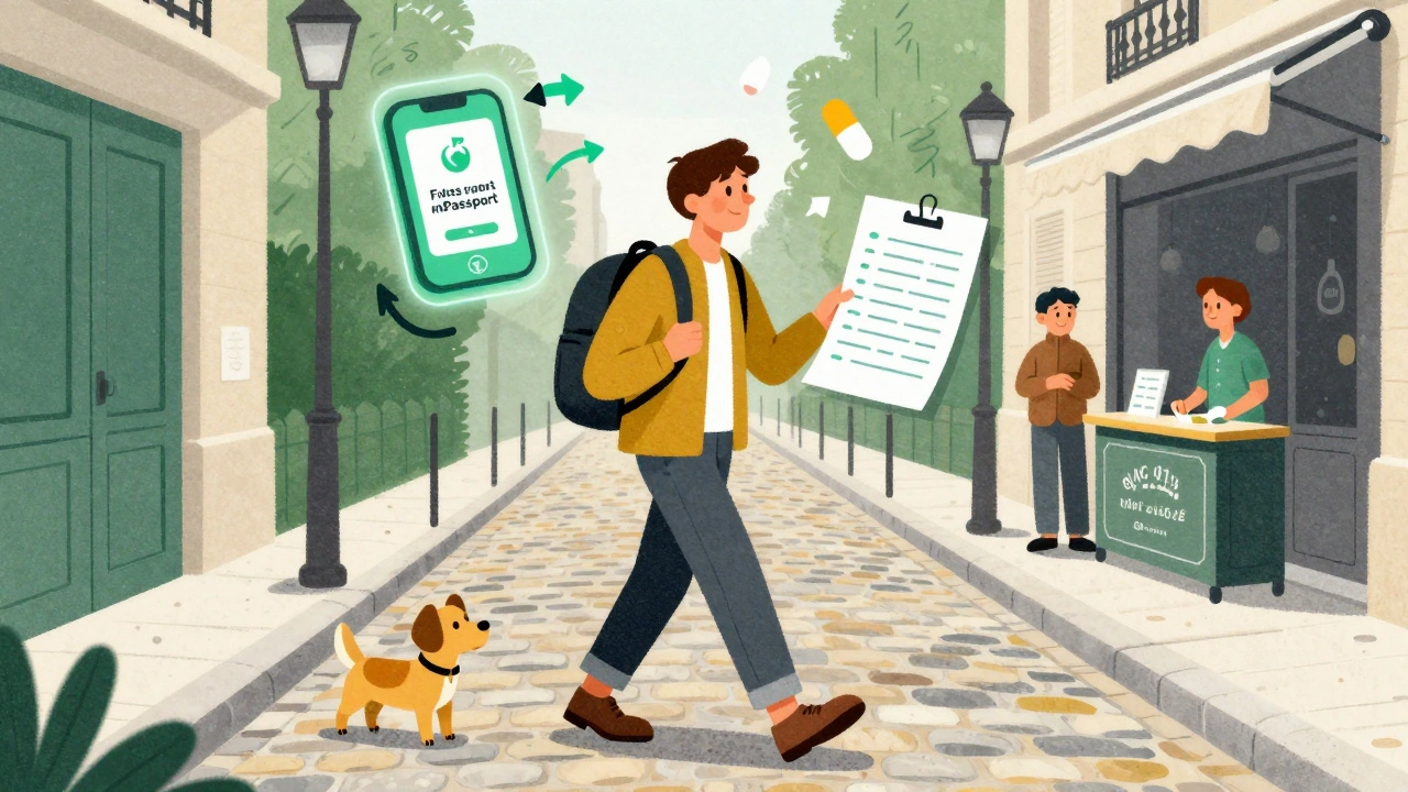 Traveler guided by AR arrows to a clinic, holding printed medication list in Paris.