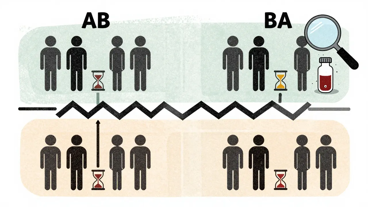 Two groups in a crossover trial with timelines and washout periods, shown in vintage ink textures.