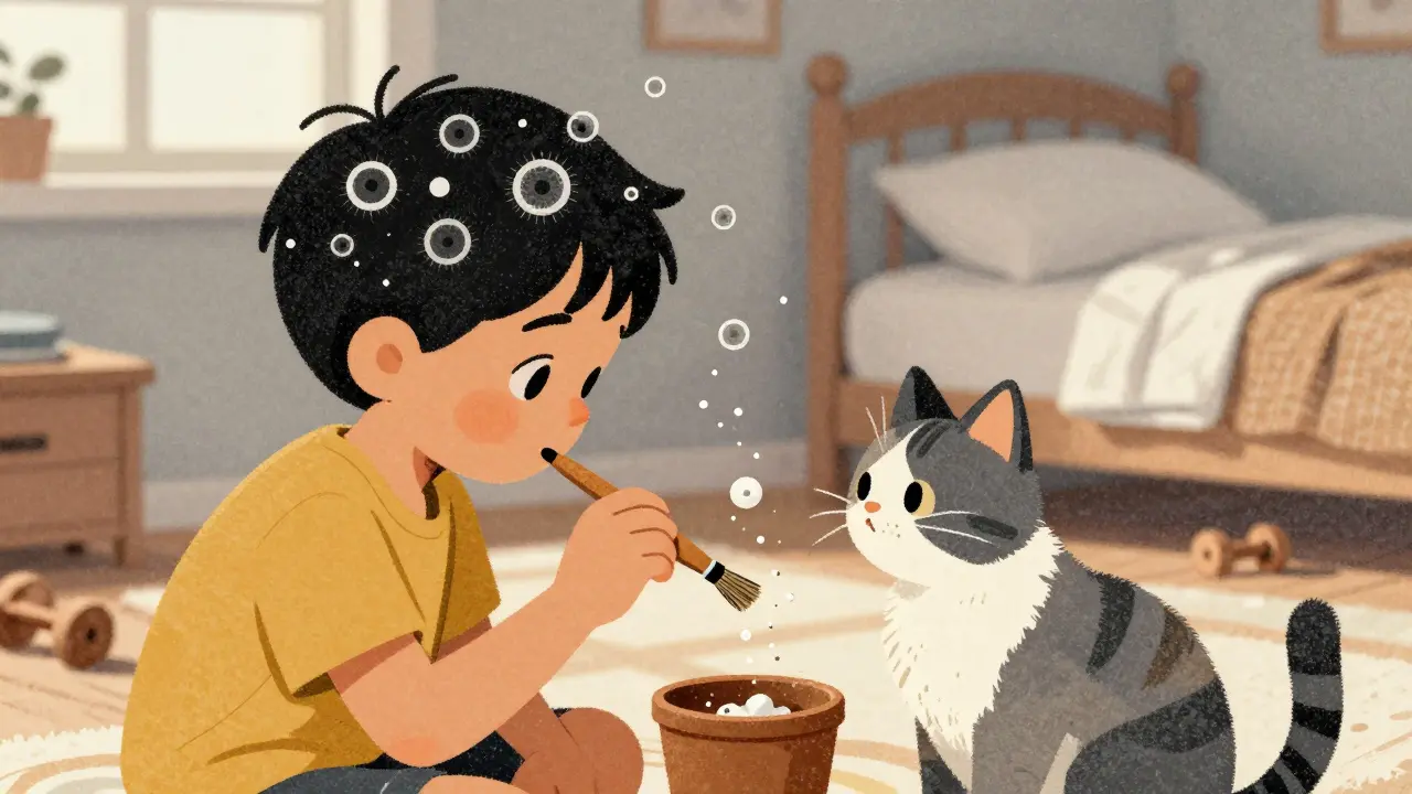 A child and cat sharing a brush, with fungal spores spreading between them.