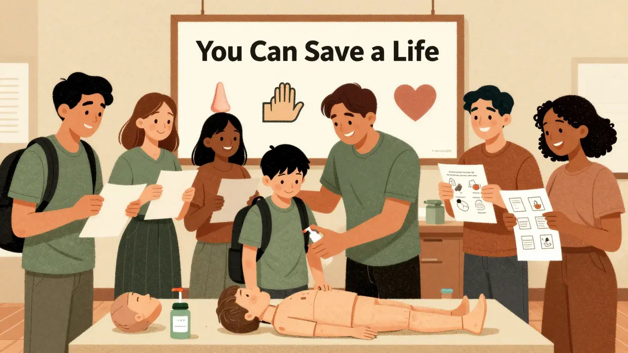 A diverse group practicing naloxone use in a community center, smiling and placing kits in backpacks.