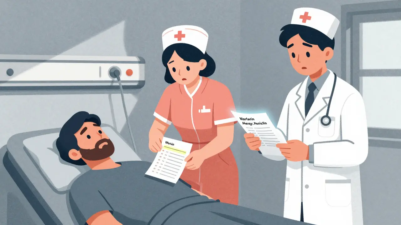 A nurse receiving a medication list from an unconscious patient’s pocket in an emergency room, with a doctor reviewing it.