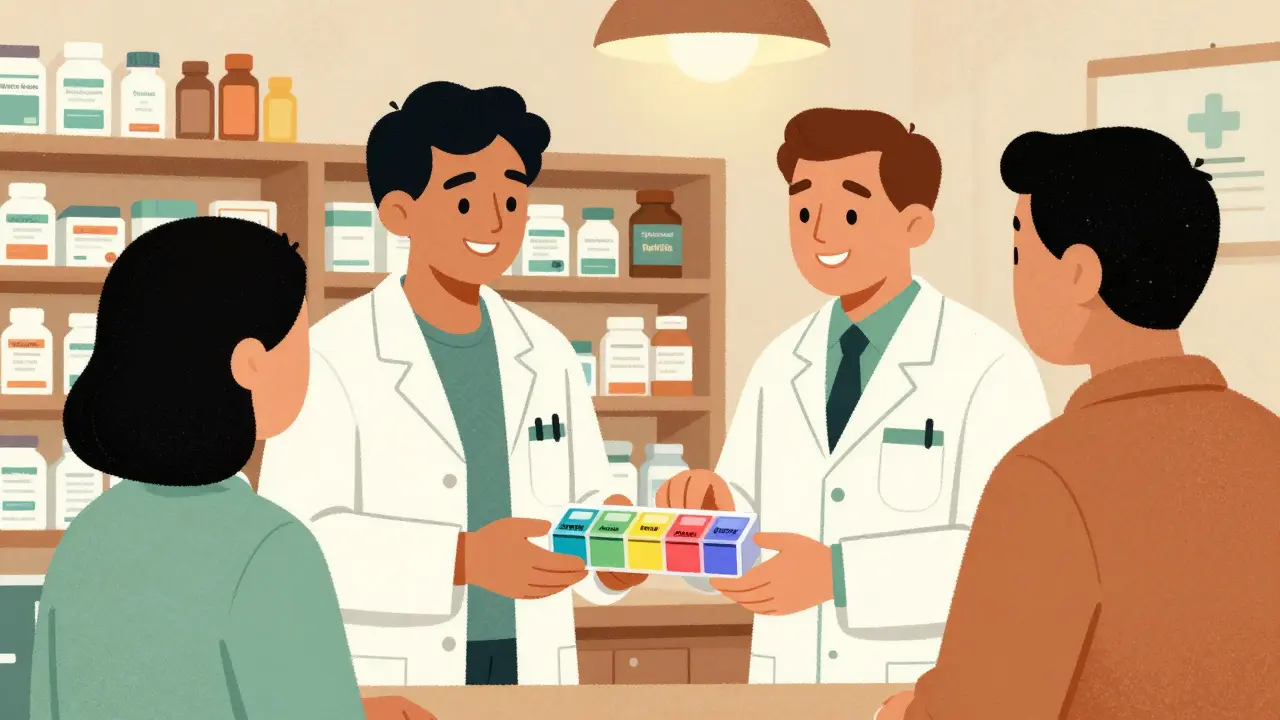 A pharmacist hands a labeled weekly pill organizer to a patient in a cozy pharmacy.