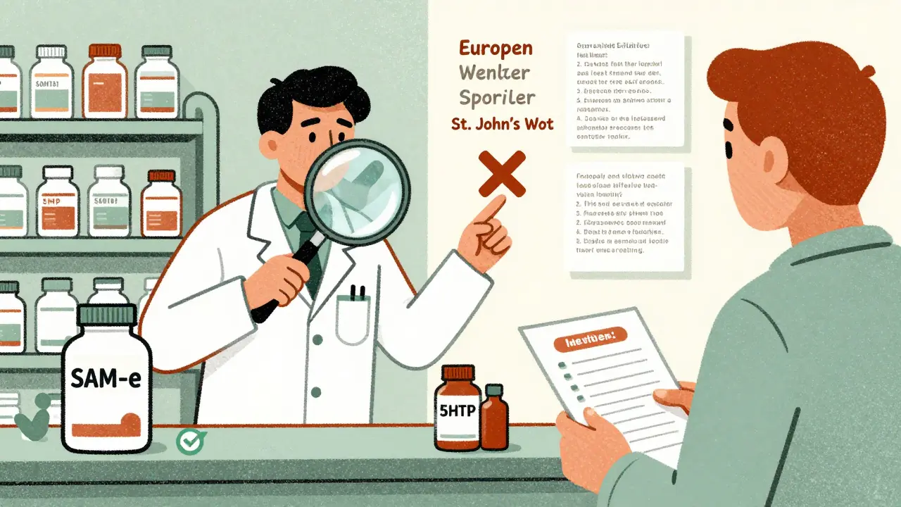 A pharmacist marks St. John’s Wort as dangerous while safer alternatives glow green.