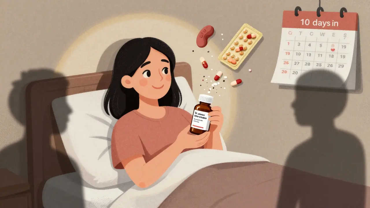 A woman with St. John’s Wort as medications crumble around her in shadow.