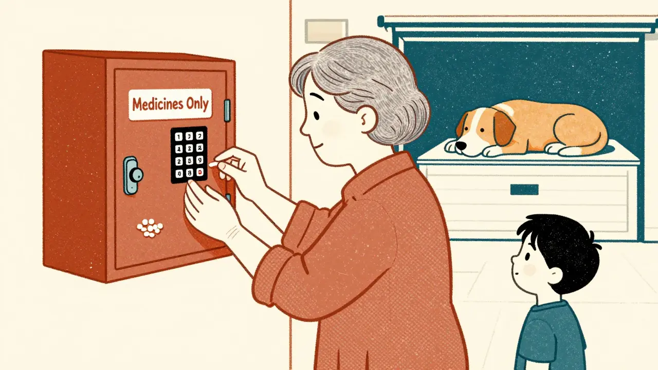 An elderly person opens a keypad lockbox to count pills, while a child watches and a dog sleeps near a separate pet med drawer.