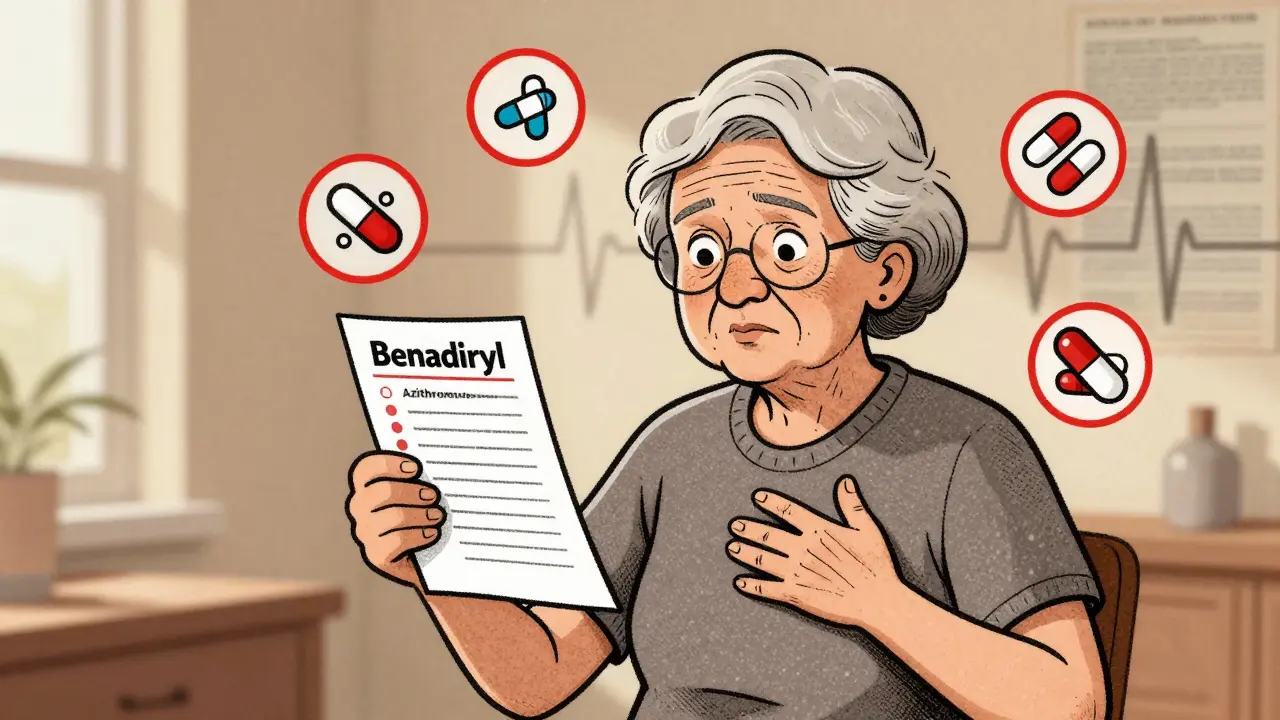 An elderly woman holding medication list, surrounded by floating dangerous pills with warning symbols.