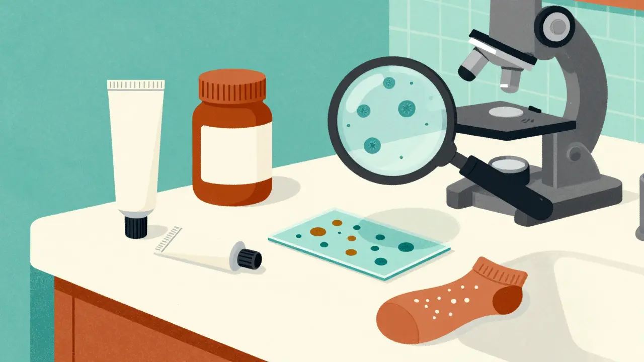 Bathroom counter with antifungal cream, socks, probiotics, and a microscope slide showing fungal threads.
