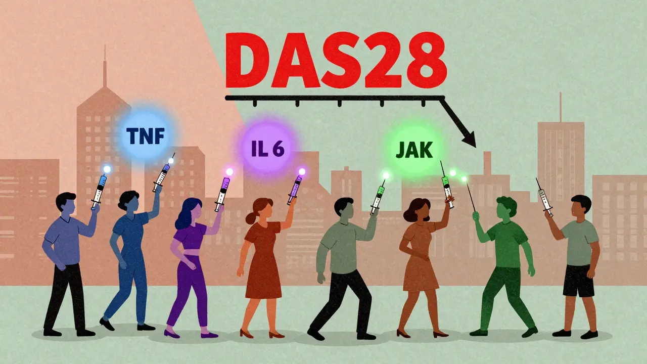 Diverse patients emitting colored light pulses into a DAS28 scale shifting from red to green
