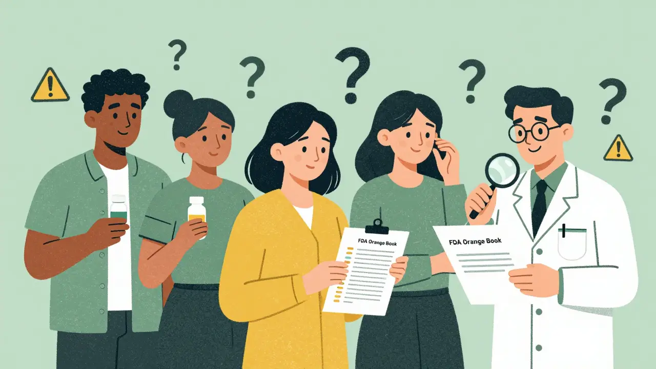 Diverse people handing medication list to pharmacist with FDA chart in risograph aesthetic