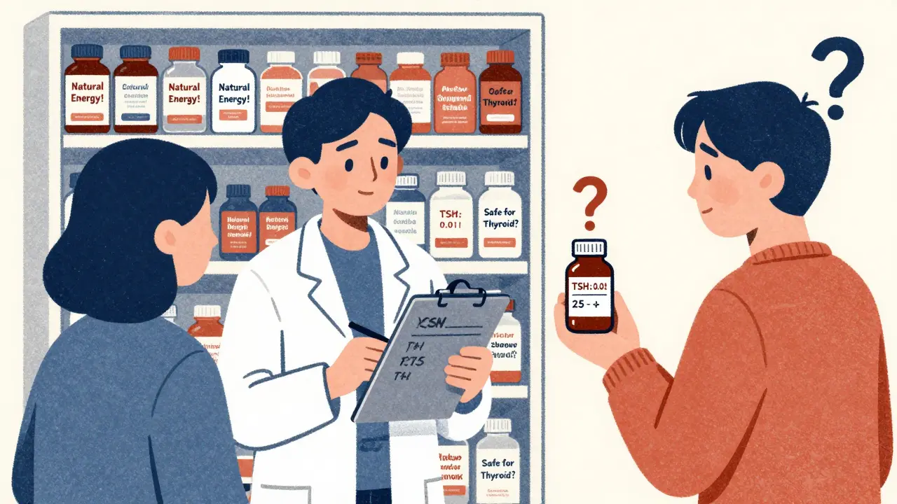 Doctor shows blood test results to patient holding ashwagandha bottle, chaotic supplement shelf in background.