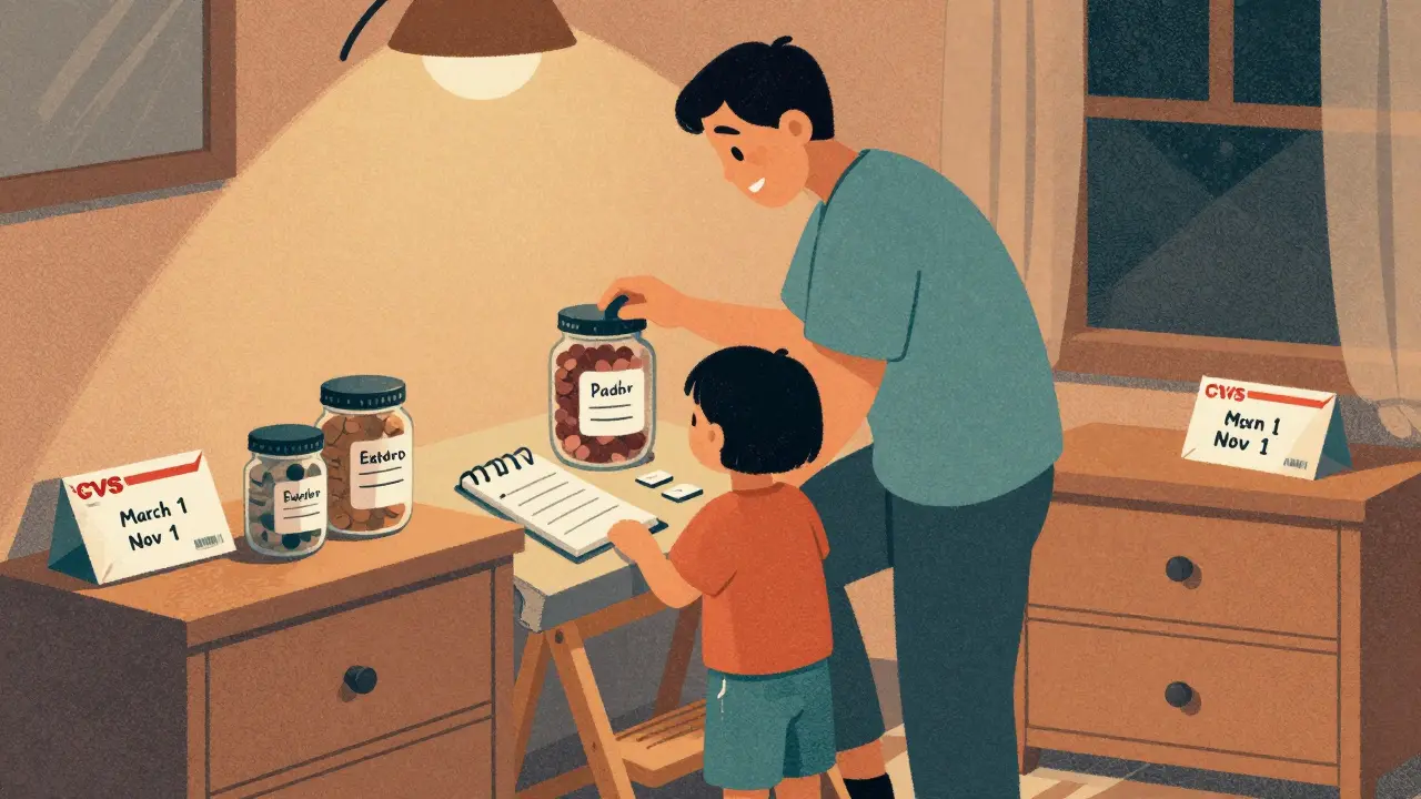 Family checking expiration dates on pill bottles with marker notes in a bedroom at night