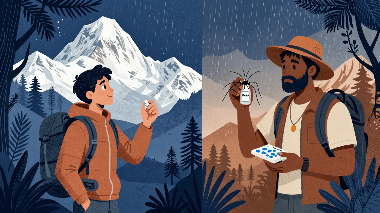 Hiker in Nepal and traveler in Ghana each holding appropriate medications for their destinations.