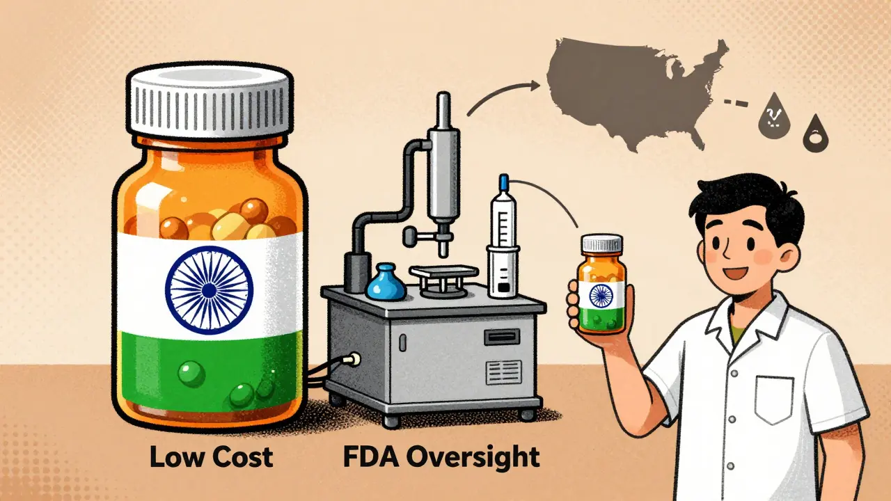 Hybrid pill bottle: raw ingredients from India, final production in U.S., with reduced carbon footprint.