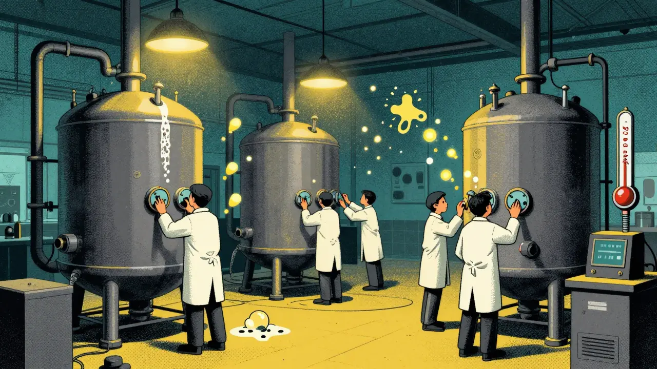 Industrial bioreactor facility with leaking glycans and a temperature warning light