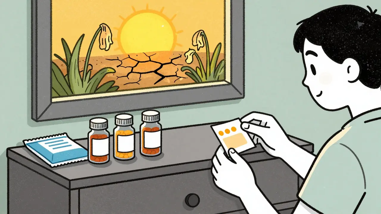 Medications safely stored in a cool, dark bedroom drawer with temperature monitor.