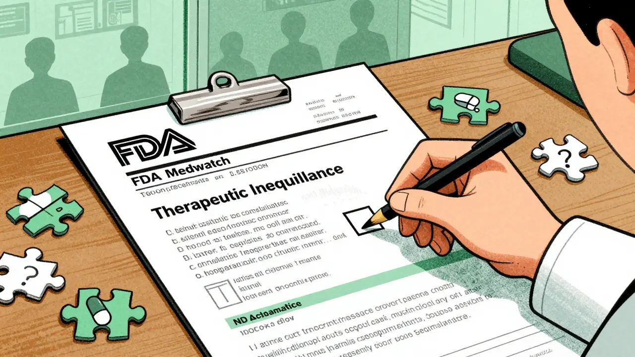 MedWatch form on counter with NDC codes and lot numbers, hand checking 'Therapeutic Inequivalence' box.