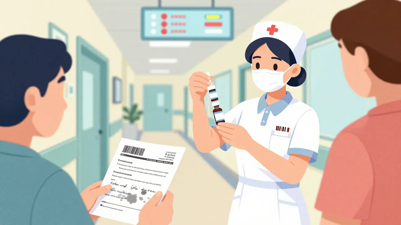 Nurse scanning medication barcode in hospital hallway with AI alerts visible in background.