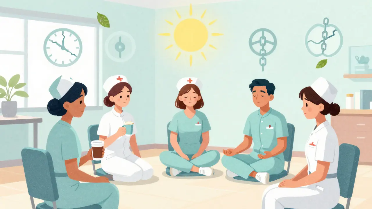 Nurses in a break room sharing support, with symbols of stress fading into sunlight and leaves, conveying emotional healing.