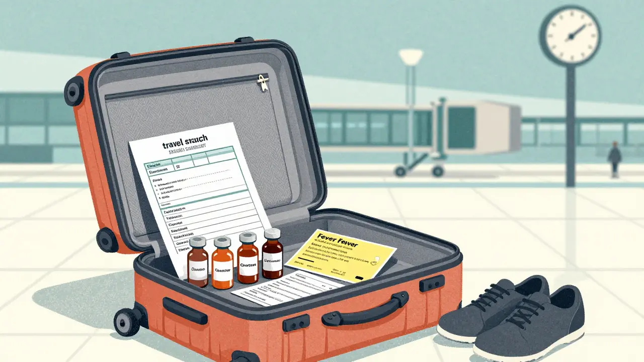 Open suitcase with travel meds, health summary, and certificate beside shoes before a flight.