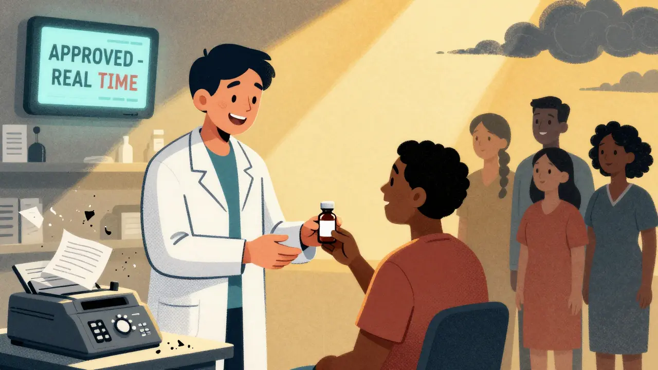 Patient receiving medication as digital approval glows, fax machines crumbling, warm light breaking through.