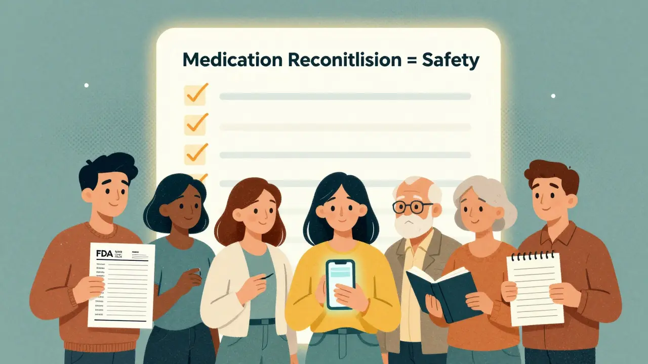 People holding different types of medication lists — paper, phone, and handwritten — under a glowing safety checklist.