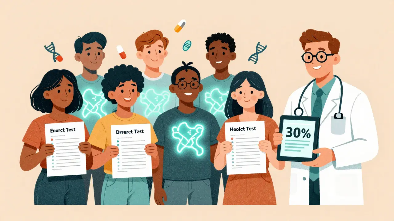 People with glowing genetic profiles and floating pills, pharmacist holding tablet showing reduced risk.