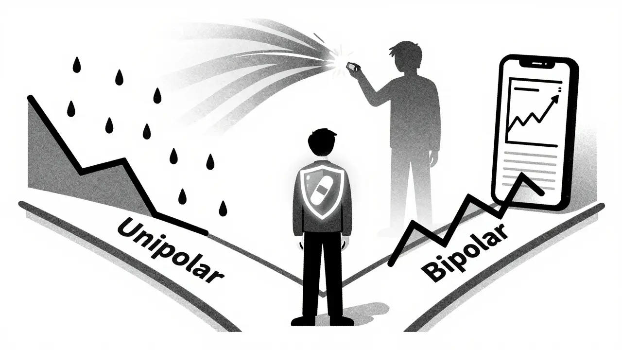 Person at a crossroads between unipolar depression and bipolar disorder, with a mood stabilizer shield glowing at the center.