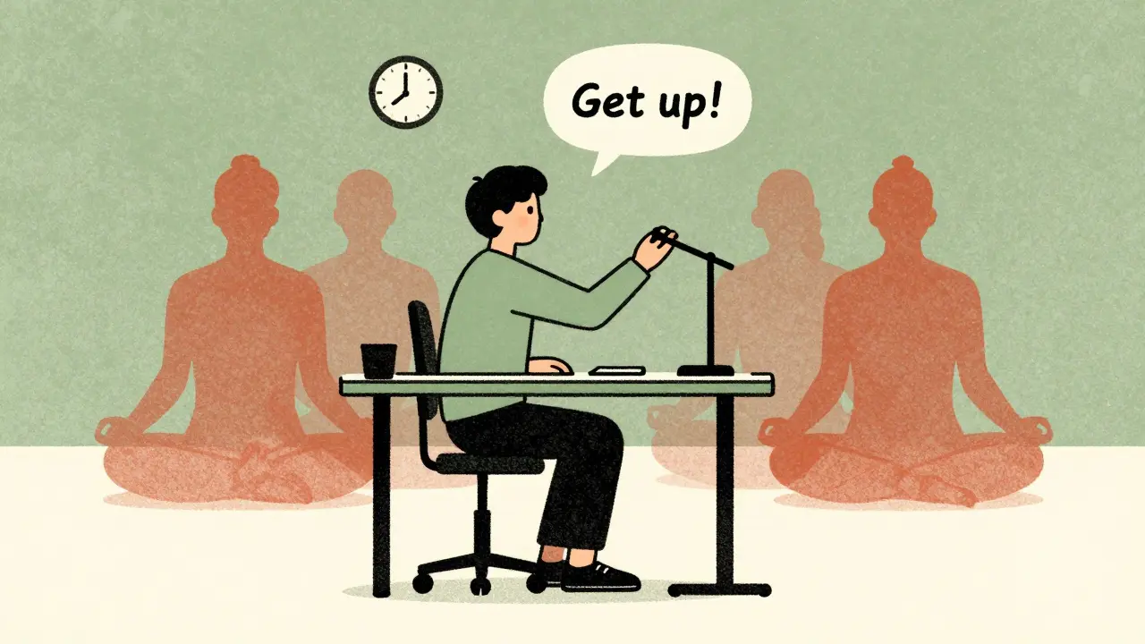 Person sitting with wedge cushion at desk, avoiding harmful poses, in muted earthy tones with risograph texture.