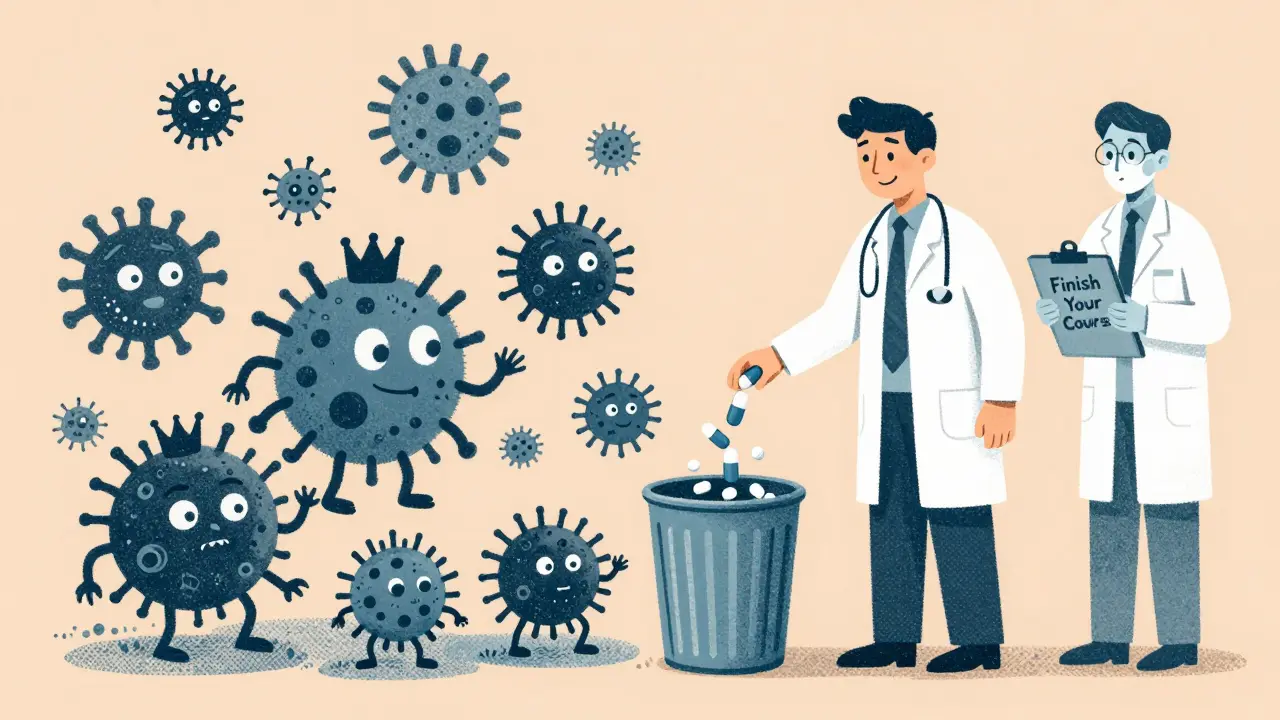 Person throwing away antibiotics as superbugs rise from the trash in cartoon illustration