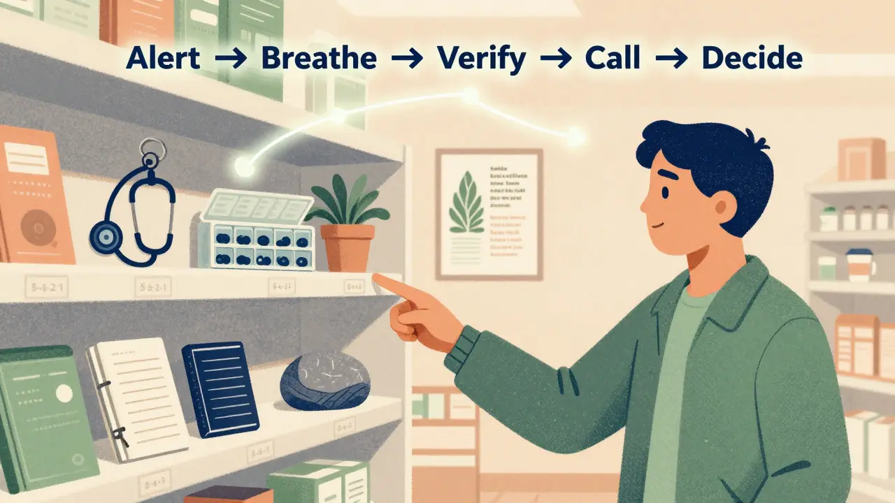 Person using 5-4-3-2-1 grounding technique in pharmacy, with decision flowchart above.