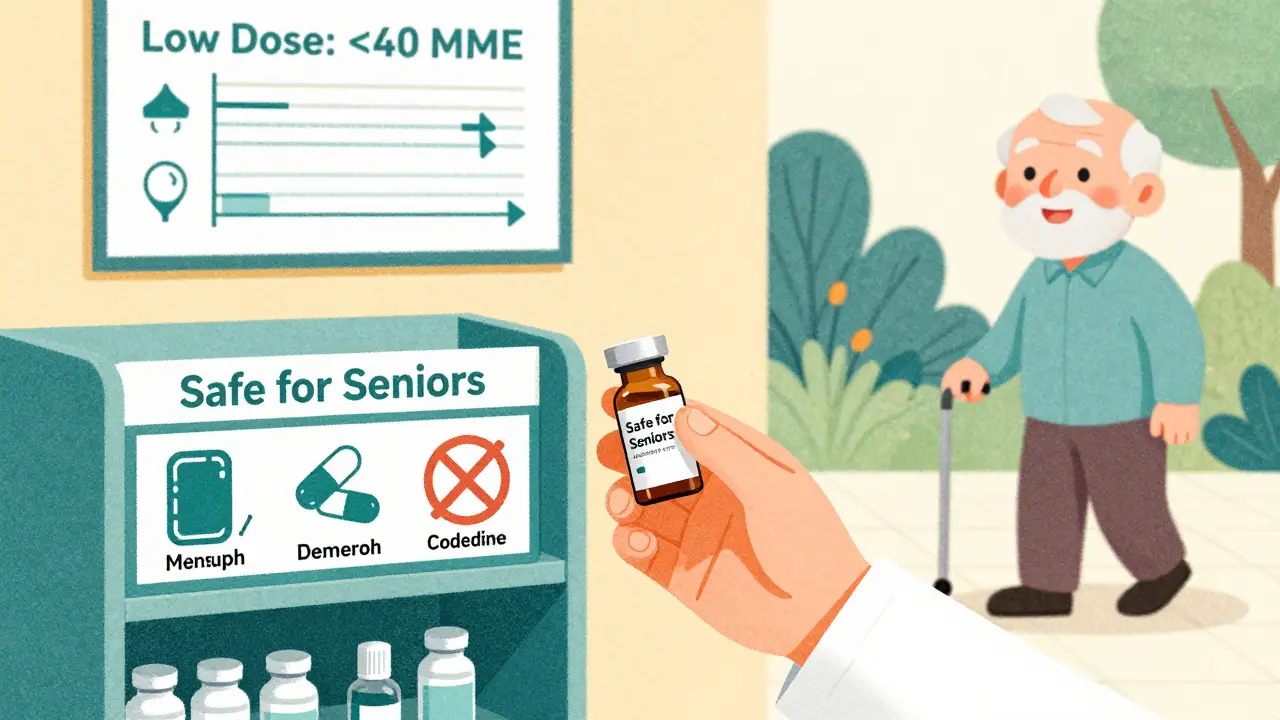 Pharmacist giving buprenorphine patch to senior with safe opioid options shown.